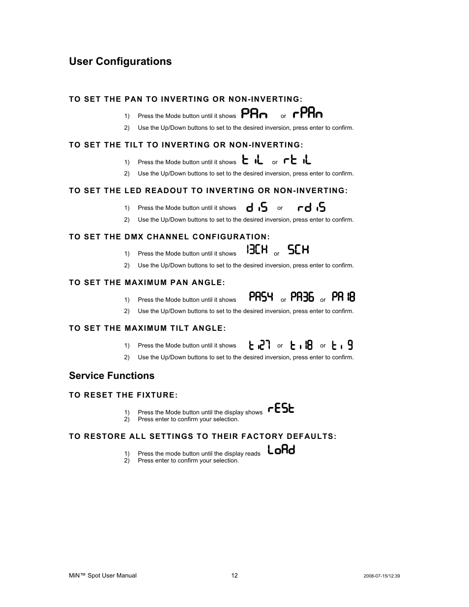 Service functions, User configurations | Chauvet MIN DMX512 User Manual | Page 12 / 19