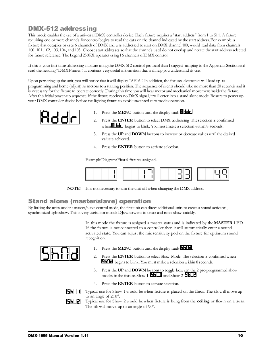 Dmx-512 addressing, Stand alone (master/slave) operation | Chauvet LEGEND 250RX User Manual | Page 10 / 19