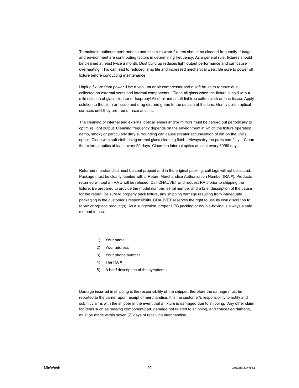 Eneral, Aintenance, Eturns | Rocedure, Laims, General maintenance, Returns procedure, Claims | Chauvet MINWASH DMX512 User Manual | Page 20 / 21