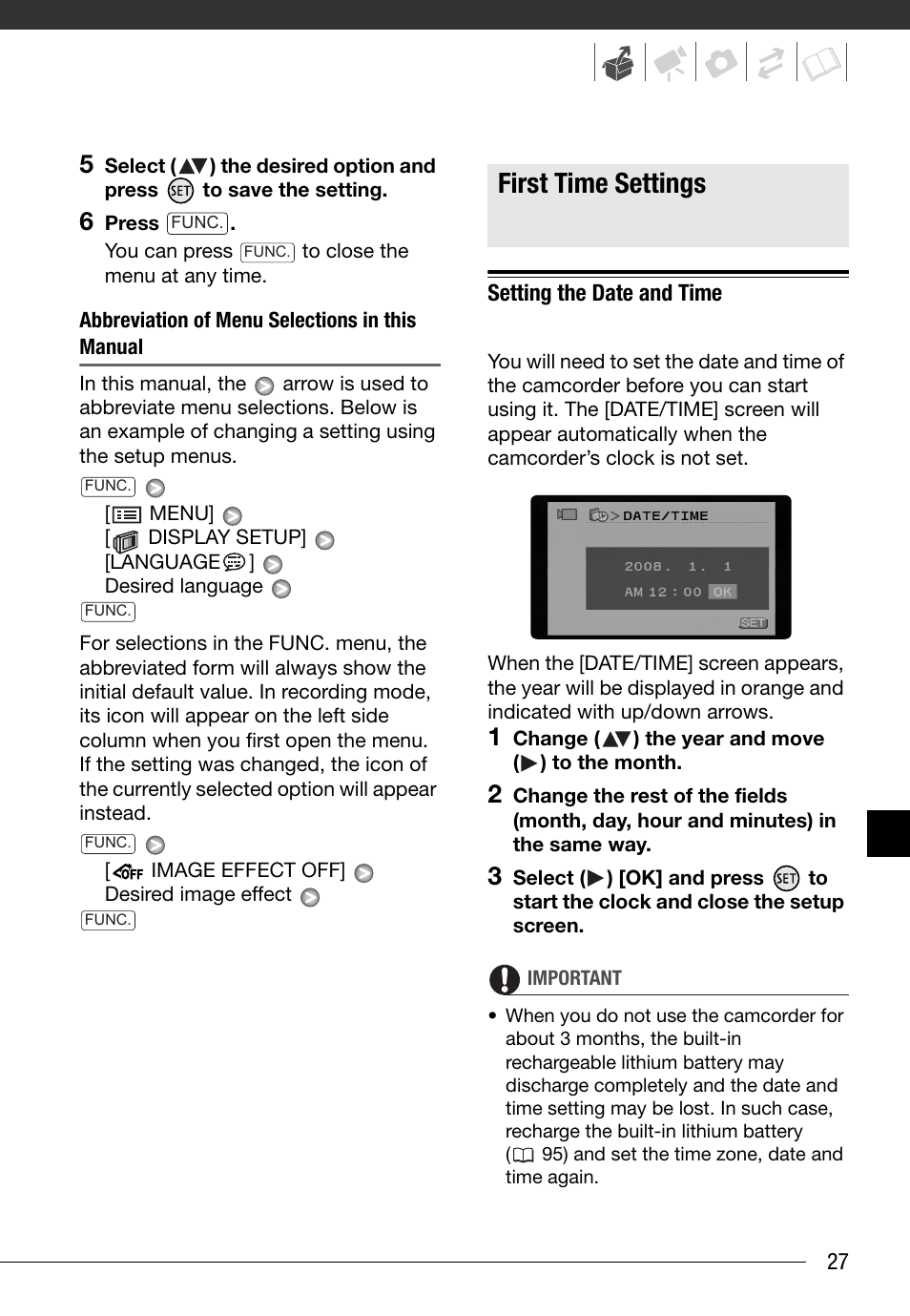 First time settings, Setting the date and time | Canon FS10 User Manual | Page 27 / 110