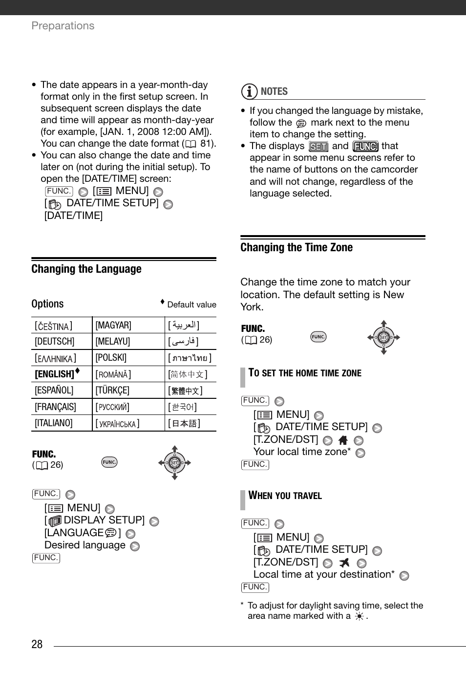 Changing the language, Changing the time zone | Canon FS10 User Manual | Page 28 / 110