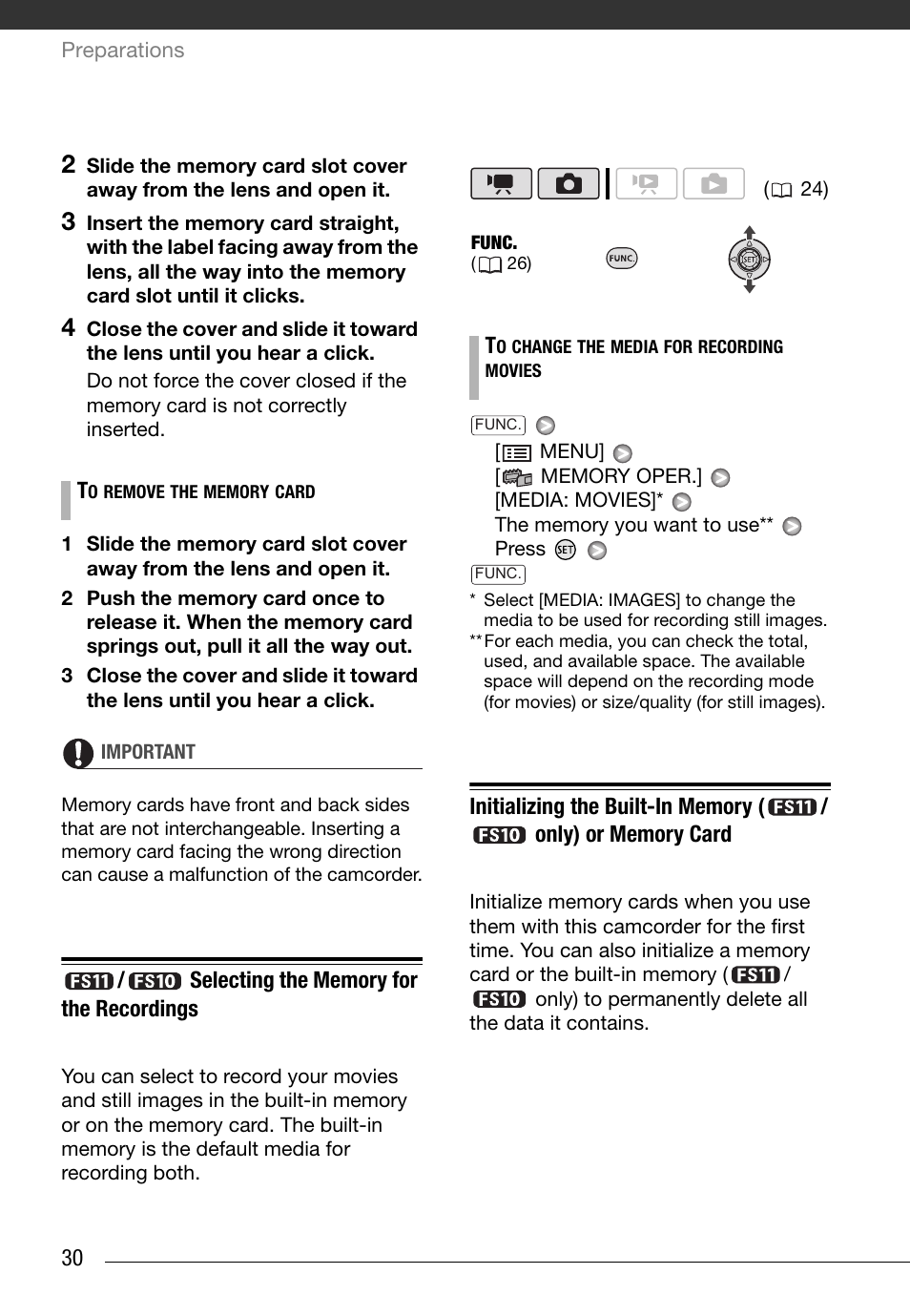 Fs11/fs10 selecting the memory for the recordings, Selecting the memory for the recordings, Initializing the built-in memory | Only) or memory, Card | Canon FS10 User Manual | Page 30 / 110