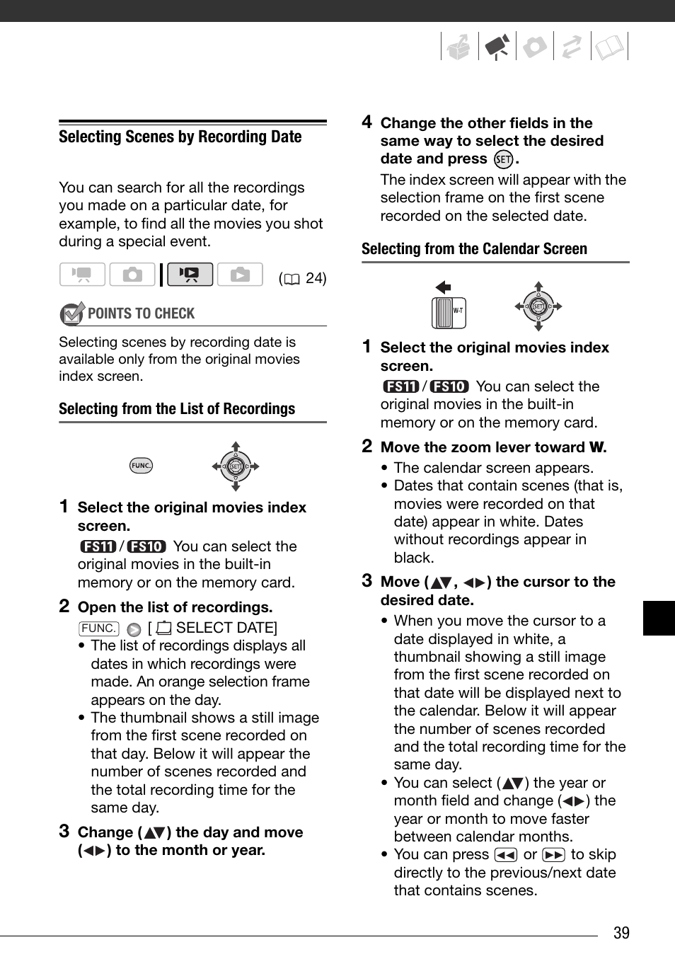 Selecting scenes by recording date | Canon FS10 User Manual | Page 39 / 110