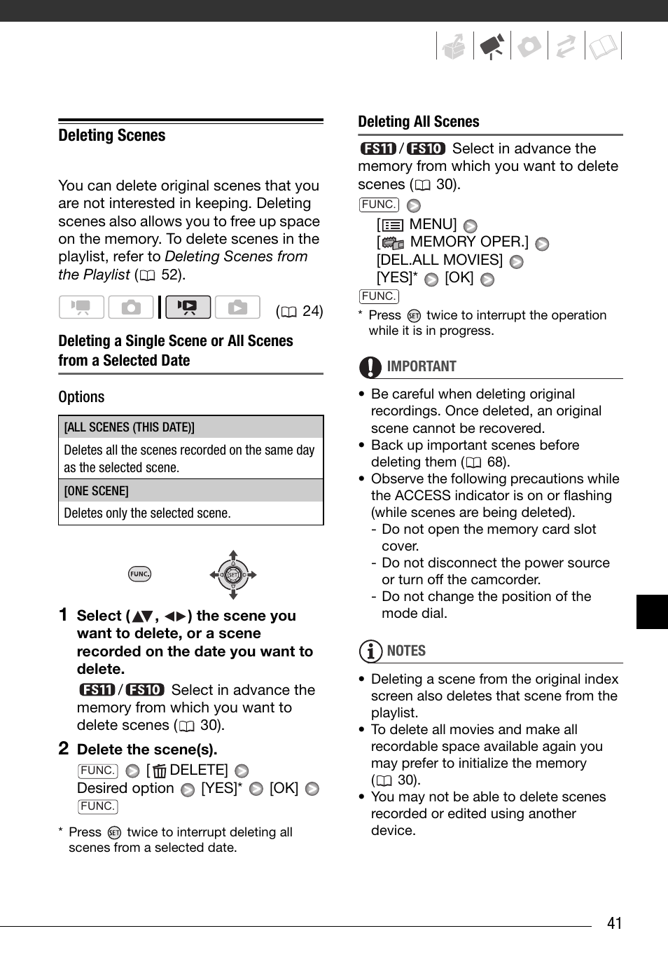 Deleting scenes, 41 deleting scenes | Canon FS10 User Manual | Page 41 / 110