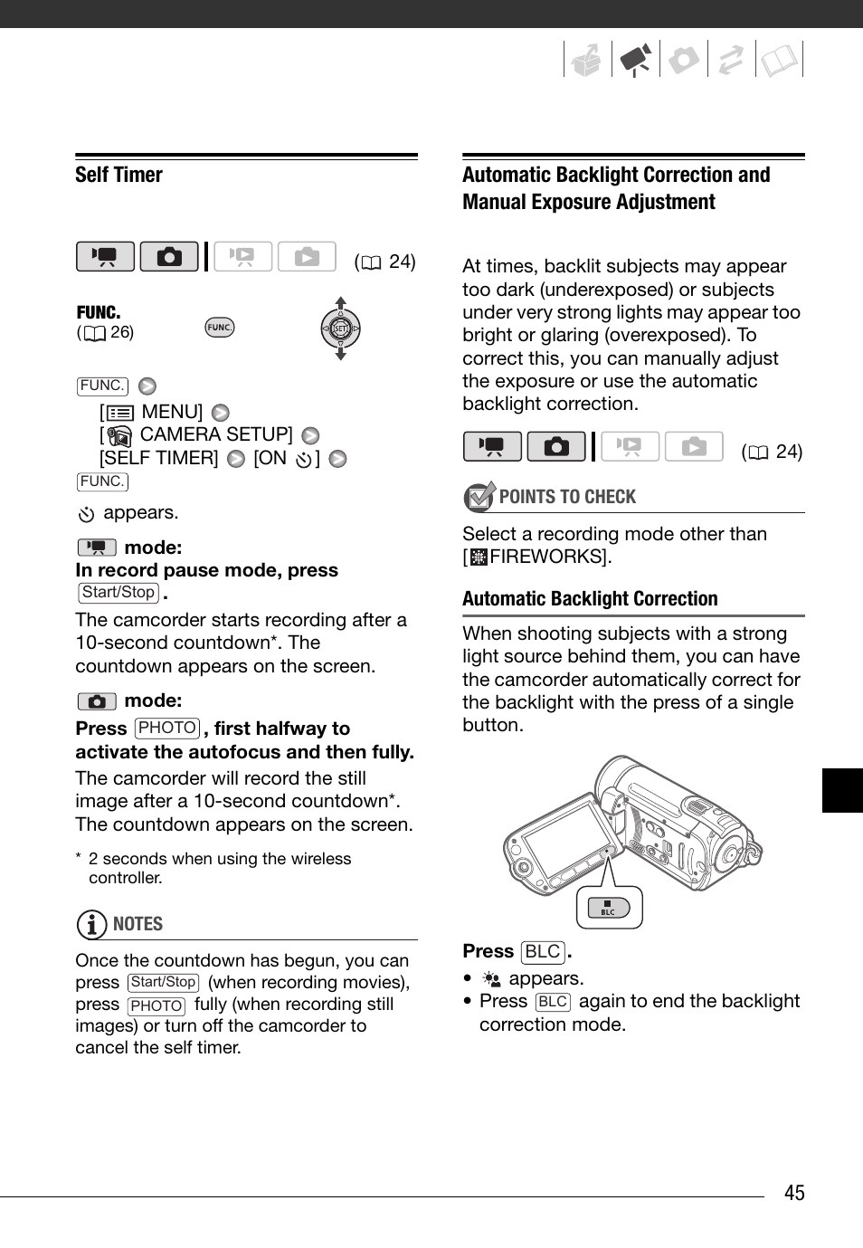 Self timer, 45 self timer | Canon FS10 User Manual | Page 45 / 110