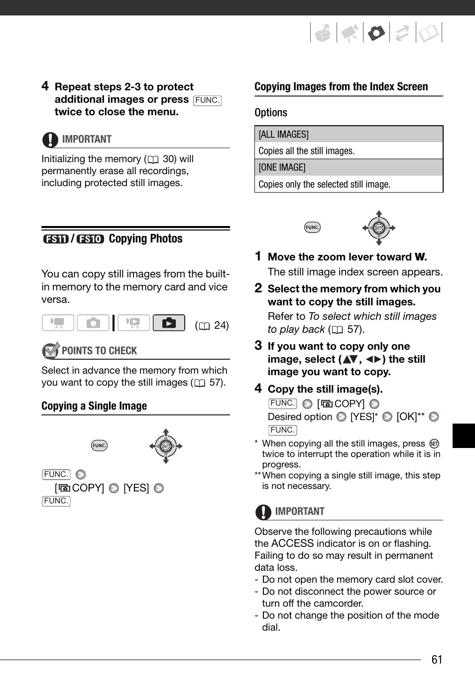 Fs11/fs10 copying photos, Copying photos | Canon FS10 User Manual | Page 61 / 110