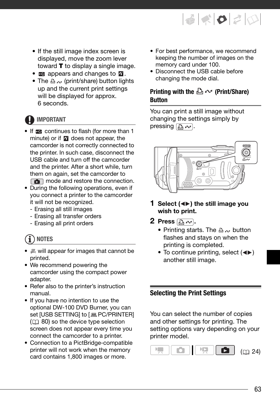 Selecting the print settings | Canon FS10 User Manual | Page 63 / 110