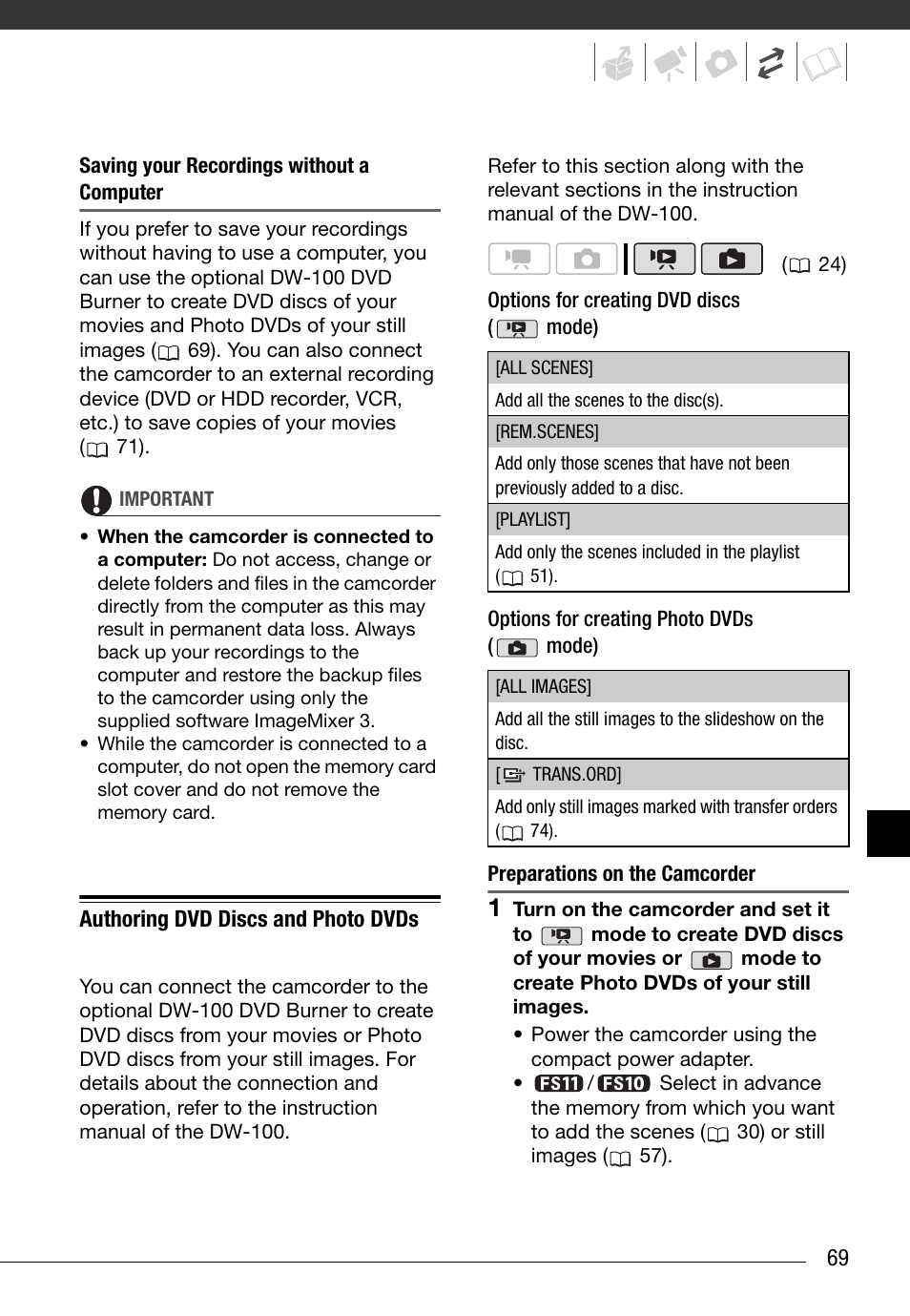 Authoring dvd discs and photo dvds | Canon FS10 User Manual | Page 69 / 110