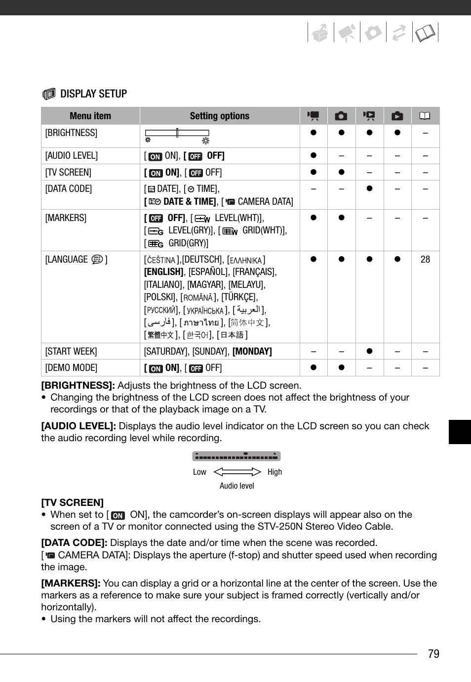 Display setup (lcd brightness, language, etc.) | Canon FS10 User Manual | Page 79 / 110