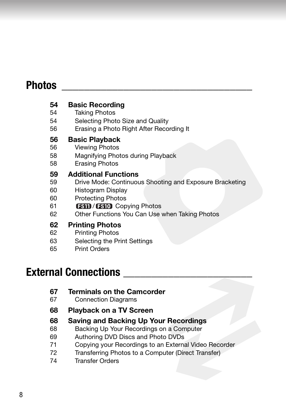Photos, External connections | Canon FS10 User Manual | Page 8 / 110