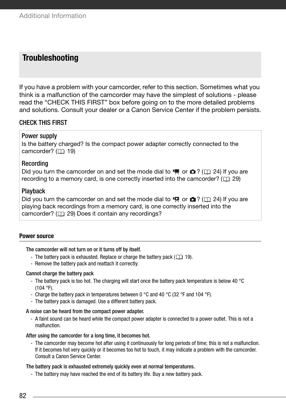 Trouble, Troubleshooting | Canon FS10 User Manual | Page 82 / 110