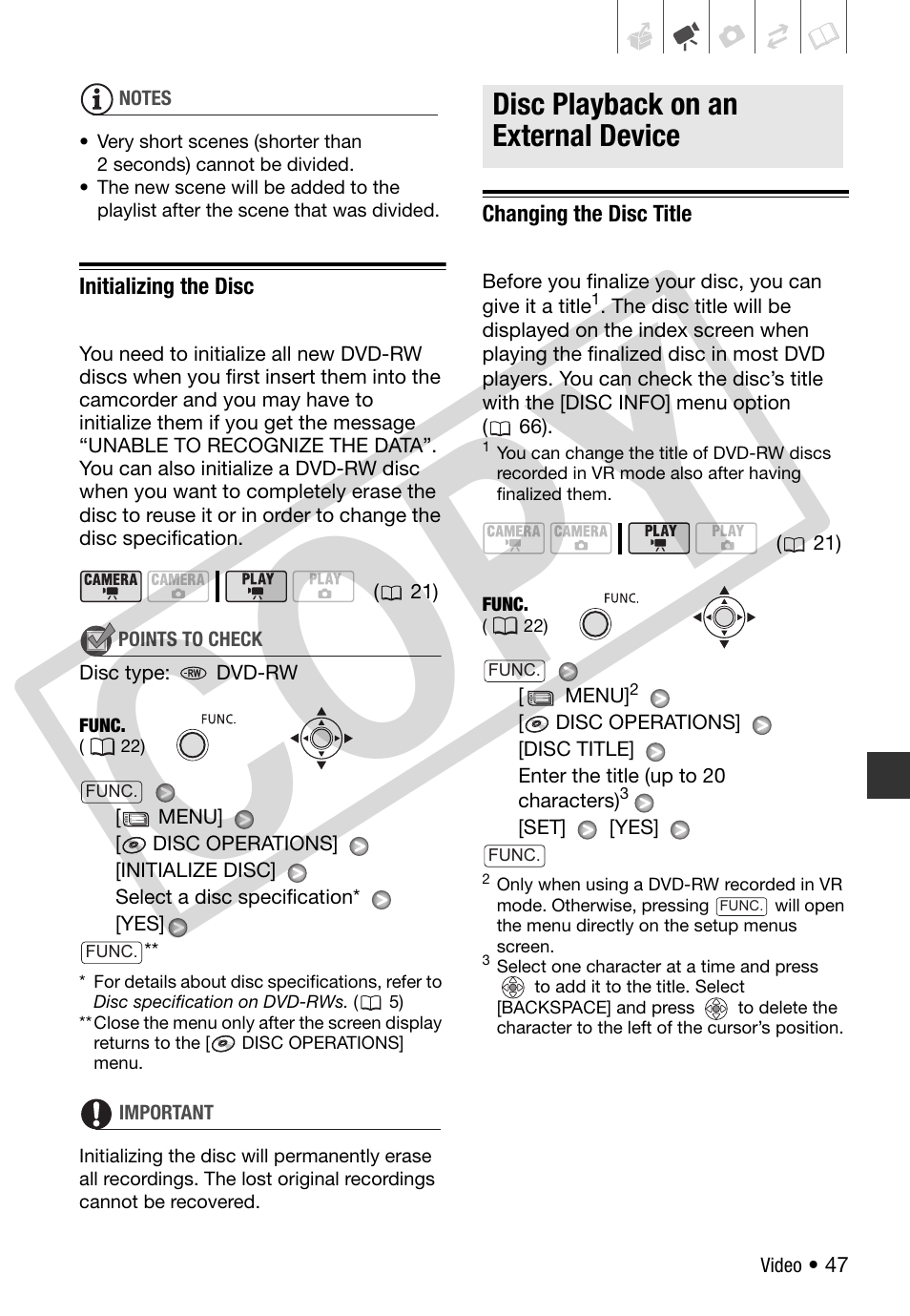 Initializing the disc, Disc playback on an external device, Changing the disc title | 47), in the, Co py | Canon DC 310 User Manual | Page 47 / 93