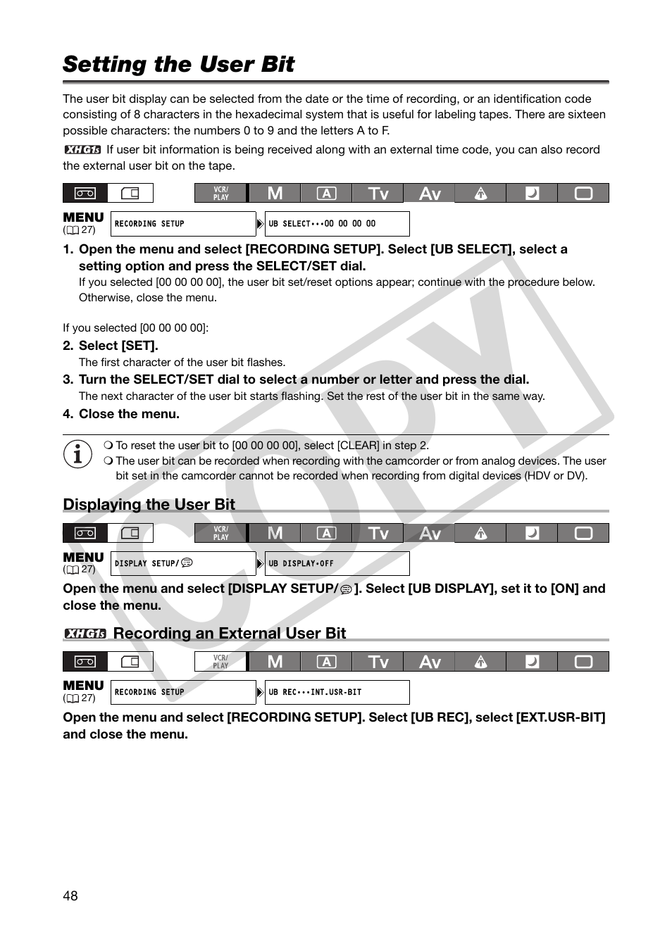 Setting the user bit, Co py | Canon XHA1S User Manual | Page 48 / 155