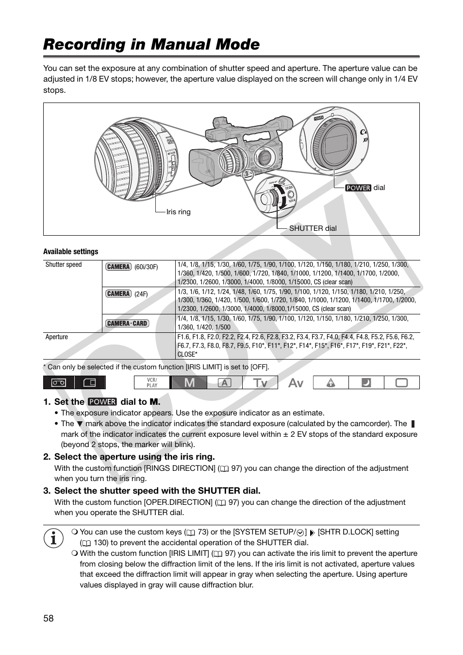 Recording in manual mode, Co py | Canon XHA1S User Manual | Page 58 / 155