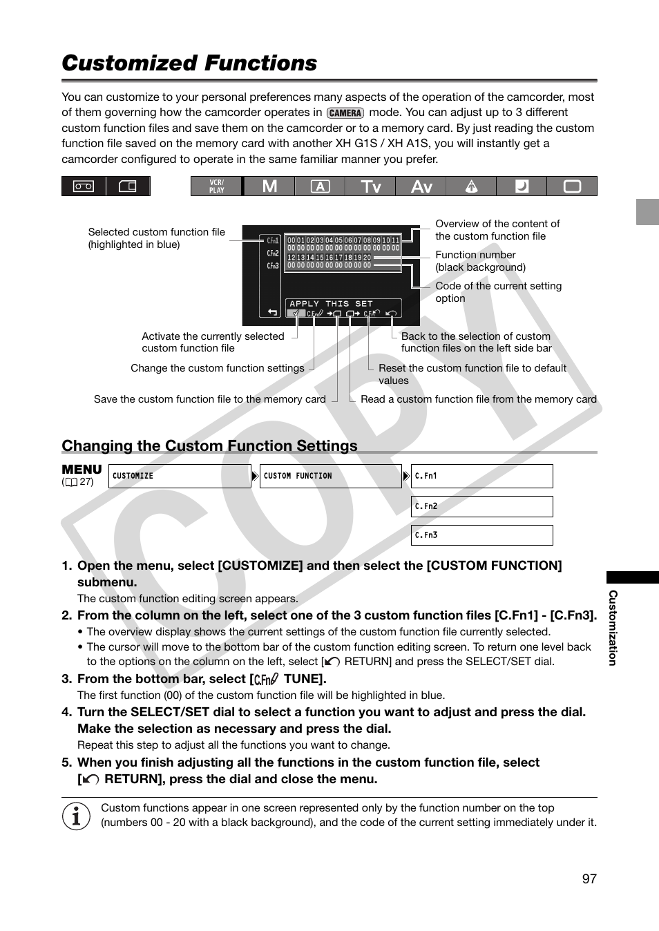 Customized functions, 97) you, 97) you can | Co py | Canon XHA1S User Manual | Page 97 / 155