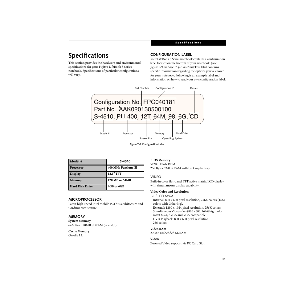 Configuration label microprocessor memory video, Specifications | FUJITSU S SERIES User Manual | Page 100 / 116