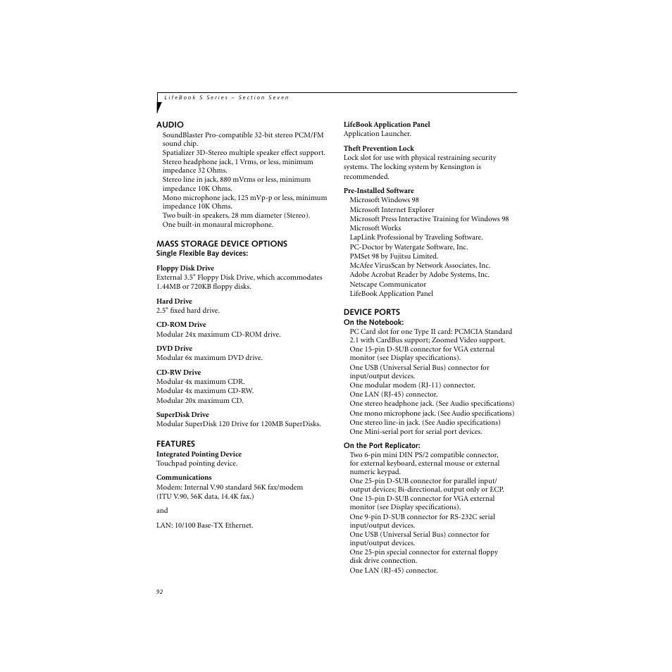 Audio, Mass storage device options, Features | Device ports | FUJITSU S SERIES User Manual | Page 101 / 116