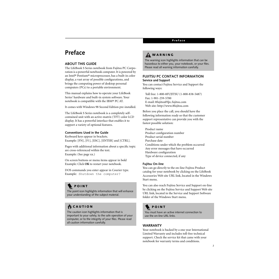 Fujitsu pc contact information warranty, Preface | FUJITSU S SERIES User Manual | Page 12 / 116