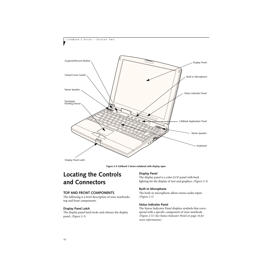 Locating the controls and connectors, Top and front components, Display panel latch | Display panel, Built-in microphone, Status indicator panel | FUJITSU S SERIES User Manual | Page 19 / 116