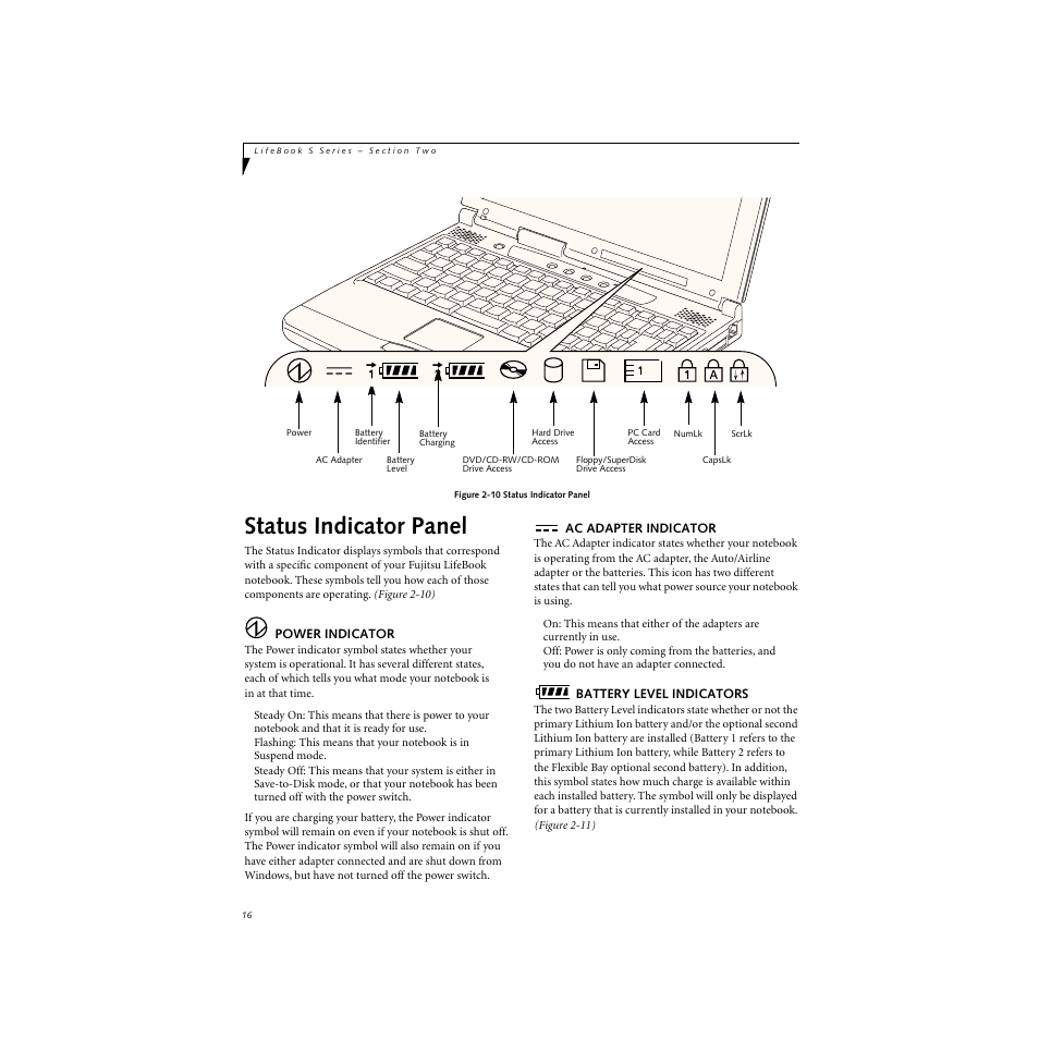 Status indicator panel, Power indicator, Ac adapter indicator | Battery level indicators | FUJITSU S SERIES User Manual | Page 25 / 116