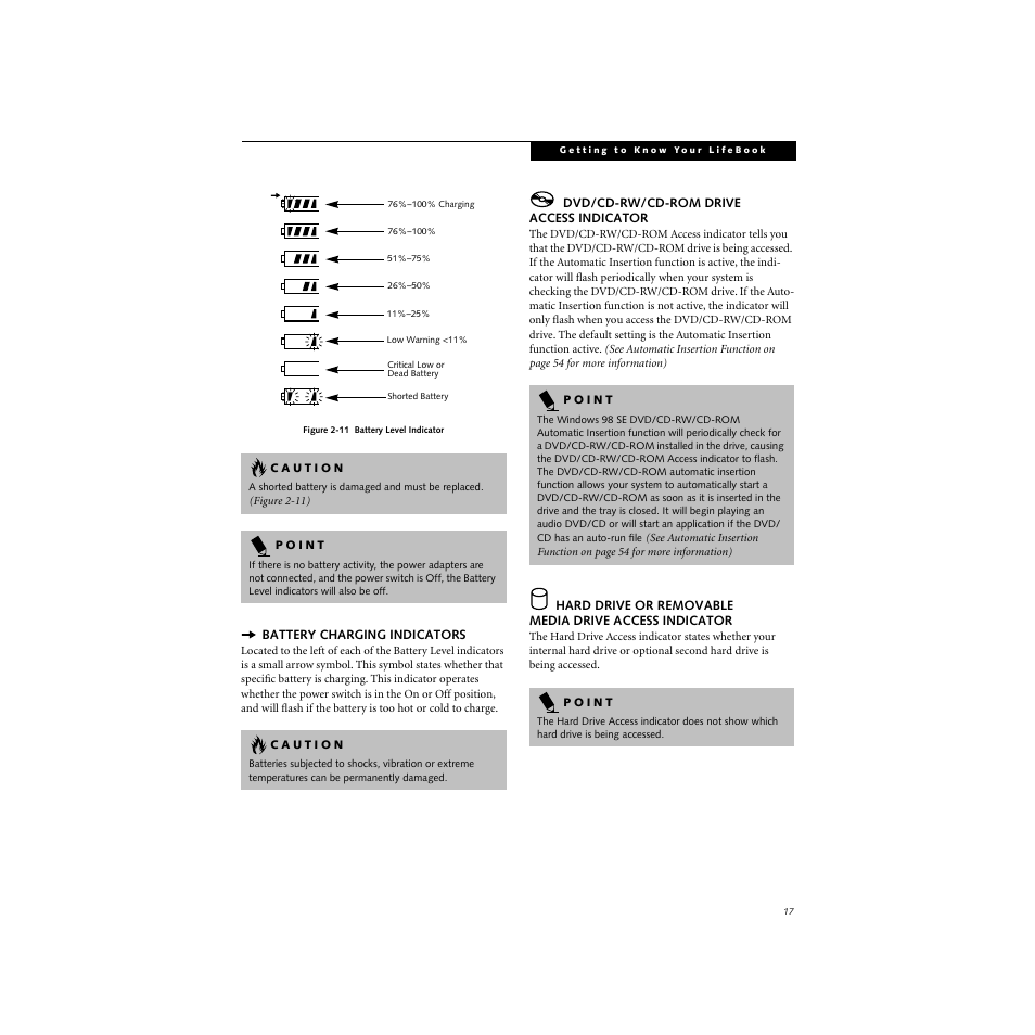 Battery charging indicators, Dvd/cd-rw/cd-rom drive access indicator | FUJITSU S SERIES User Manual | Page 26 / 116