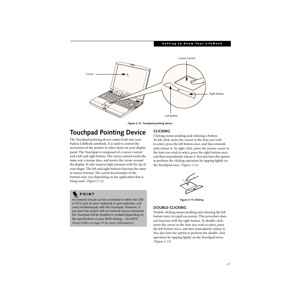 Touchpad pointing device, Clicking, Double-clicking | Clicking double-clicking | FUJITSU S SERIES User Manual | Page 30 / 116
