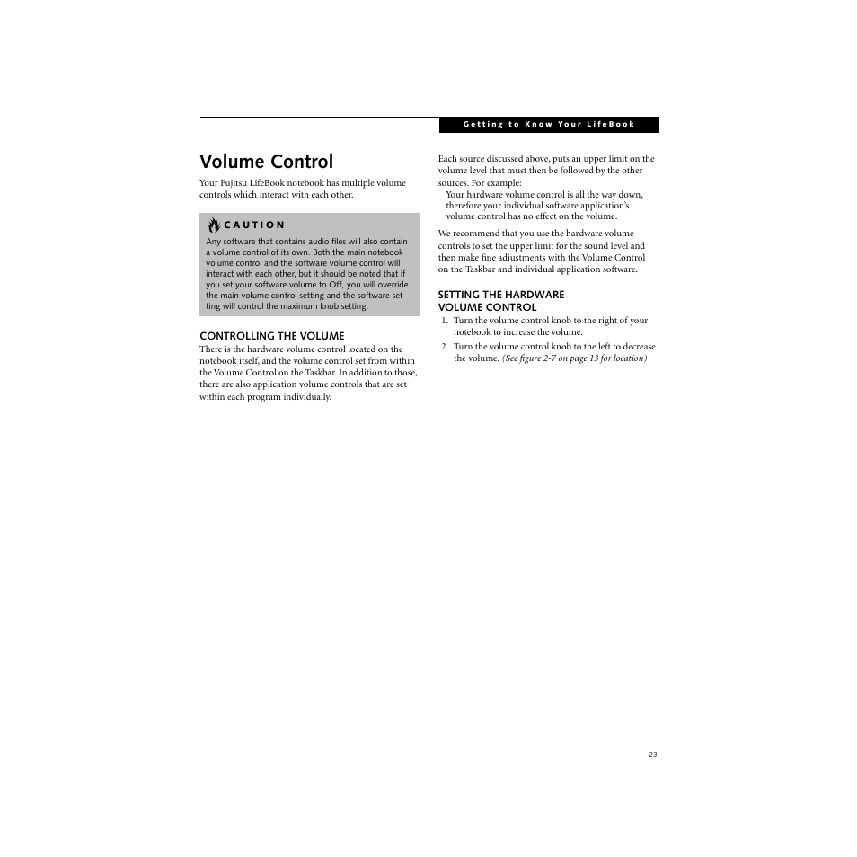 Volume control, Controlling the volume, Setting the hardware volume control | See volume | FUJITSU S SERIES User Manual | Page 32 / 116