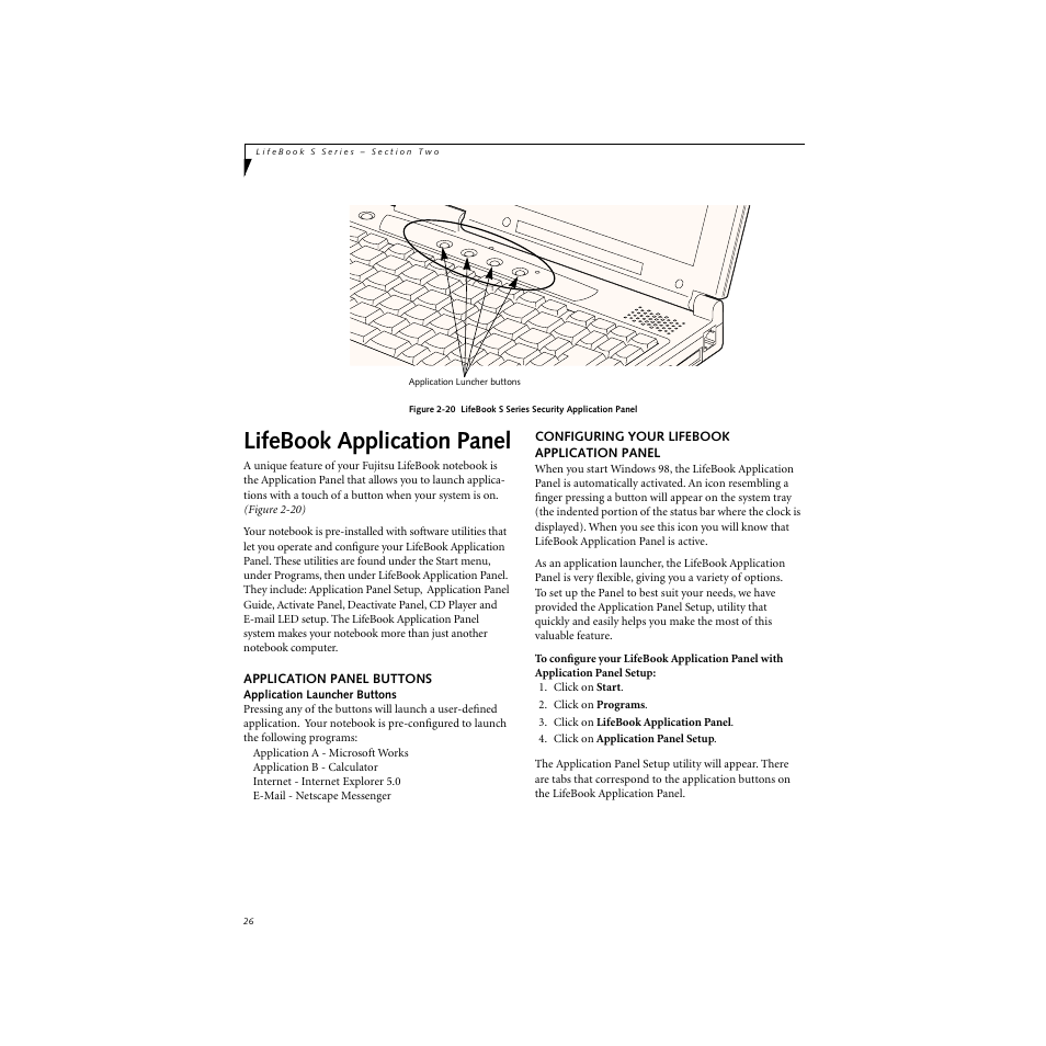 Lifebook application panel, Application panel buttons, Configuring your lifebook application panel | FUJITSU S SERIES User Manual | Page 35 / 116