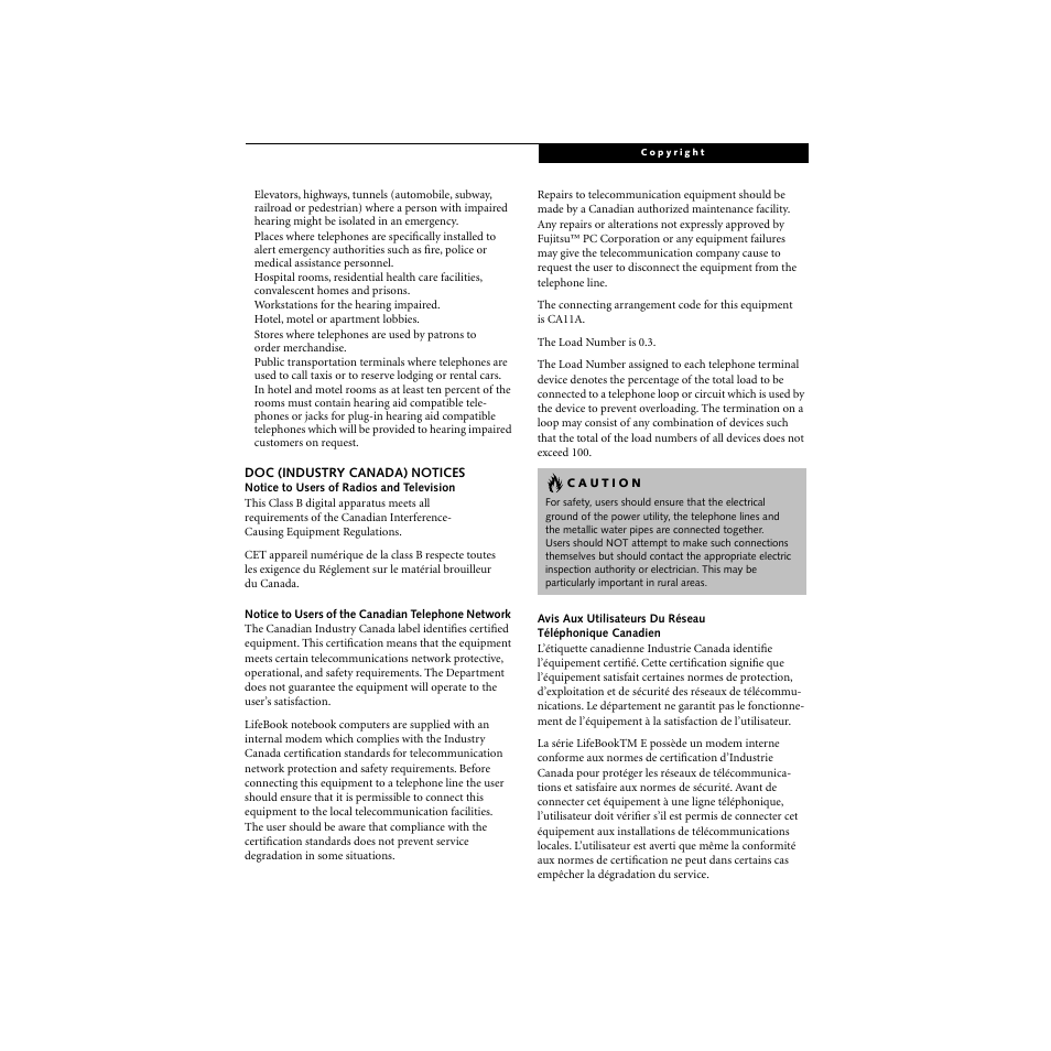 Doc (industry canada) notices, Notice to users of the canadian telephone network | FUJITSU S SERIES User Manual | Page 4 / 116