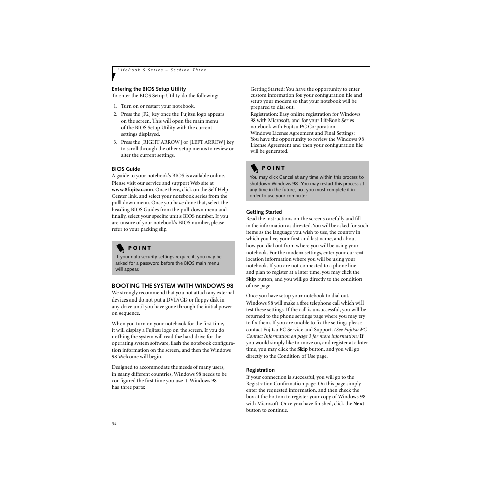 Entering the bios setup utility, Bios guide, Booting the system with windows 98 | Getting started, Registration, Booting the system with windows | FUJITSU S SERIES User Manual | Page 43 / 116