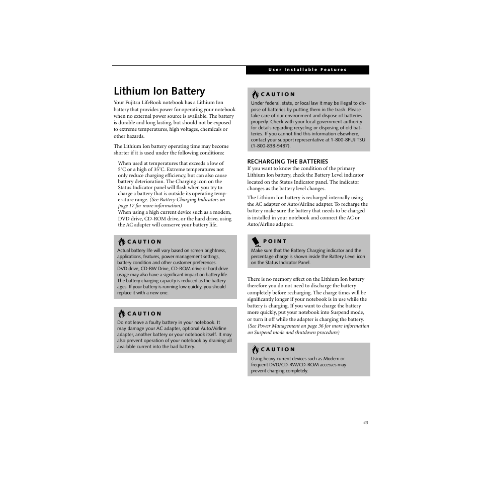 Lithium ion battery, Recharging the batteries | FUJITSU S SERIES User Manual | Page 52 / 116