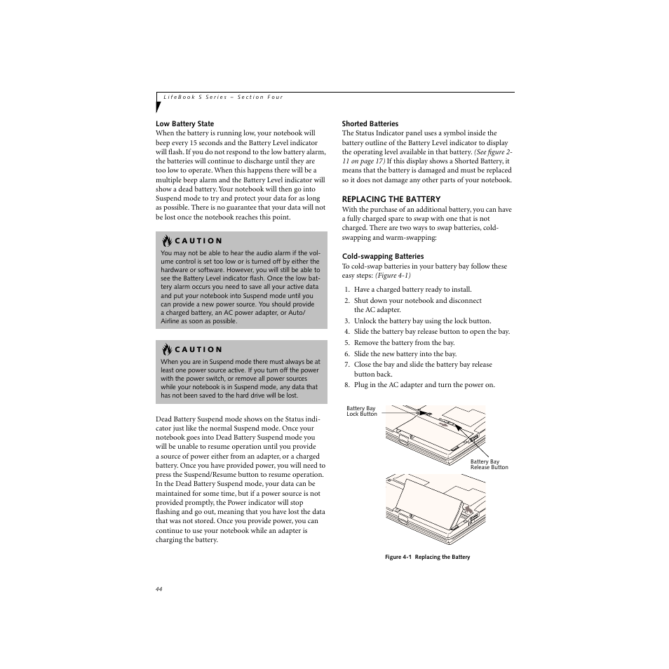 Low battery state, Shorted batteries, Replacing the battery | Cold-swapping batteries | FUJITSU S SERIES User Manual | Page 53 / 116