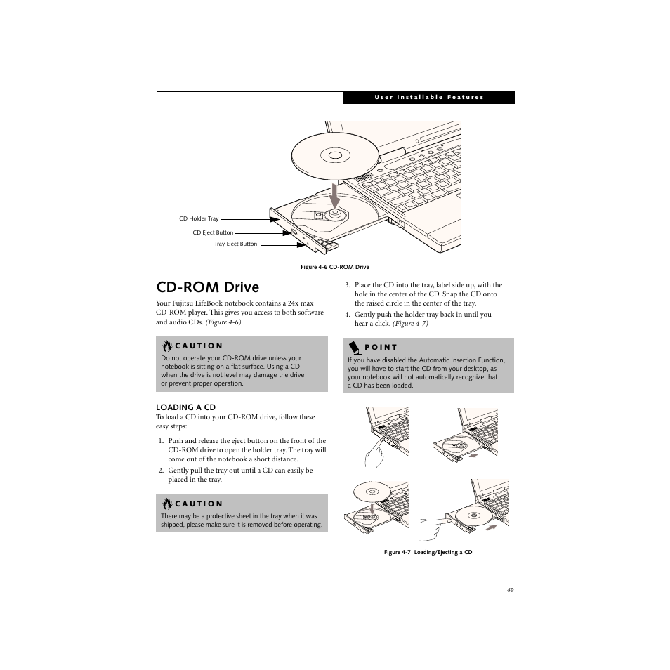 Cd-rom drive, Loading a cd | FUJITSU S SERIES User Manual | Page 58 / 116