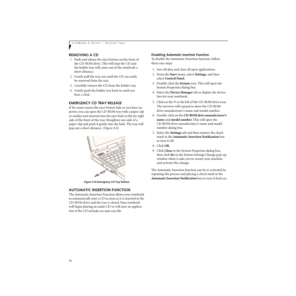 Removing a cd, Emergency cd tray release, Automatic insertion function | Disabling automatic insertion function | FUJITSU S SERIES User Manual | Page 59 / 116