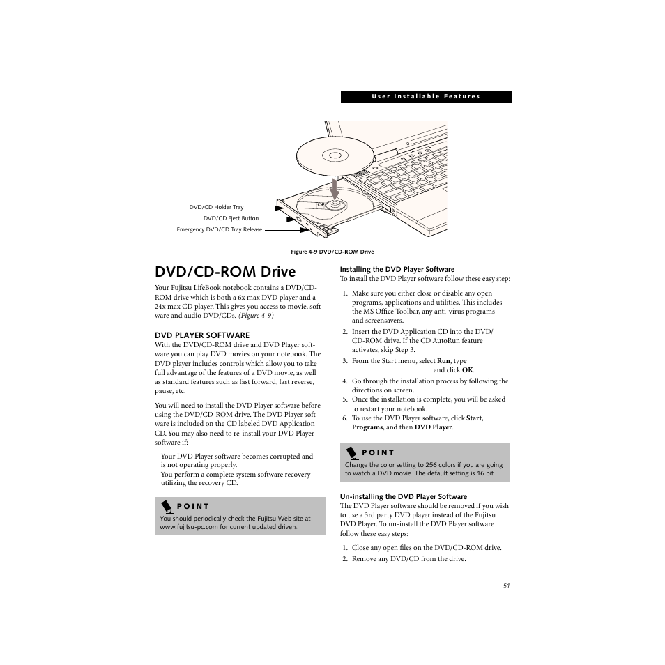 Dvd/cd-rom drive, Dvd player software, Installing the dvd player software | Un-installing the dvd player software | FUJITSU S SERIES User Manual | Page 60 / 116