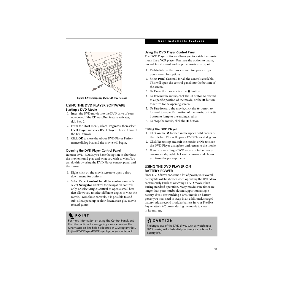 Using the dvd player software, Opening the dvd player control panel, Using the dvd player control panel | Exiting the dvd player, Using the dvd player on battery power | FUJITSU S SERIES User Manual | Page 62 / 116