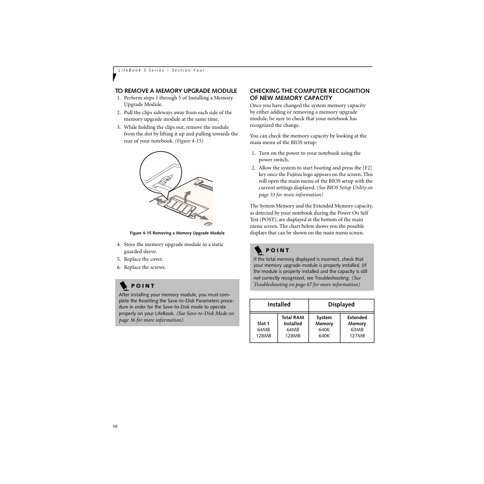 To remove a memory upgrade module | FUJITSU S SERIES User Manual | Page 67 / 116