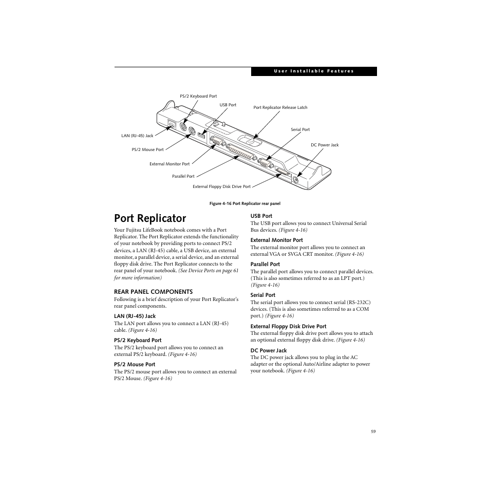 Port replicator, Rear panel components, Lan (rj-45) jack | Ps/2 keyboard port, Ps/2 mouse port, Usb port, External monitor port, Parallel port, Serial port, External floppy disk drive port | FUJITSU S SERIES User Manual | Page 68 / 116