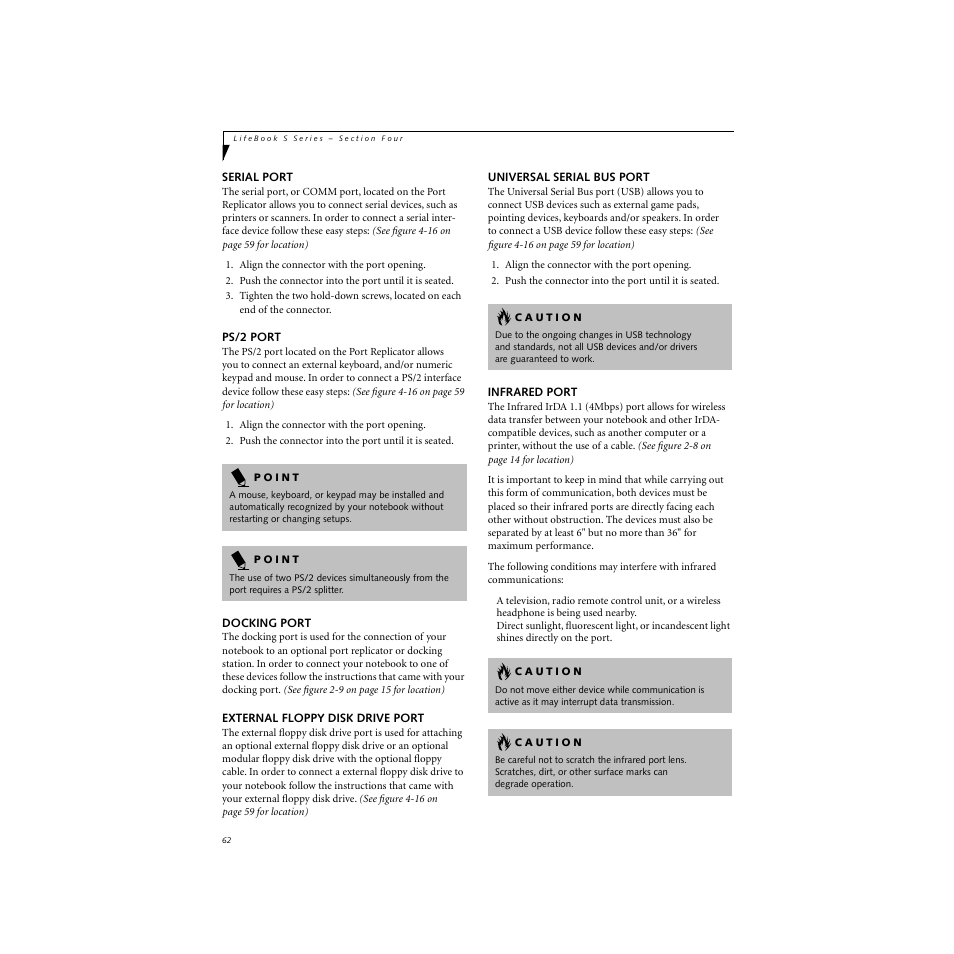 Serial port, Ps/2 port, Docking port | External floppy disk drive port, Universal serial bus port, Infrared port | FUJITSU S SERIES User Manual | Page 71 / 116