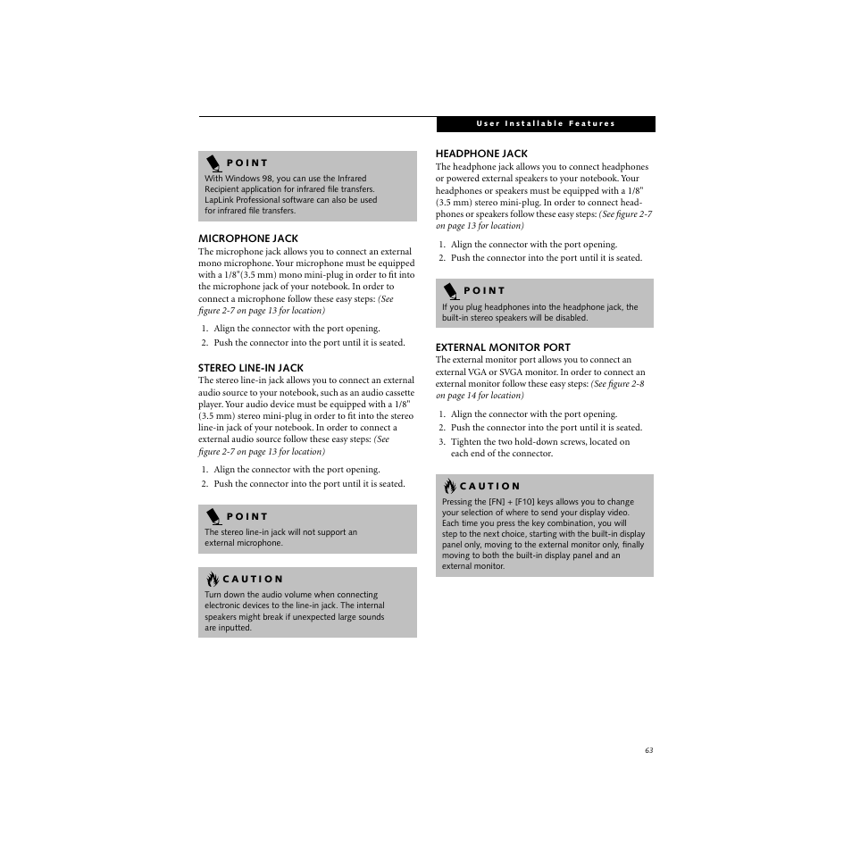 Microphone jack, Stereo line-in jack, Headphone jack | External monitor port | FUJITSU S SERIES User Manual | Page 72 / 116