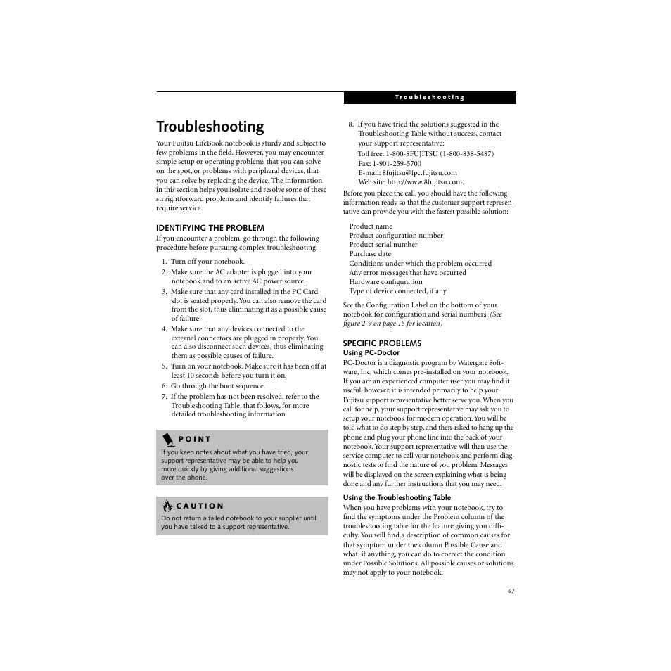 Identifying the problem specific problems, Troubleshooting | FUJITSU S SERIES User Manual | Page 76 / 116