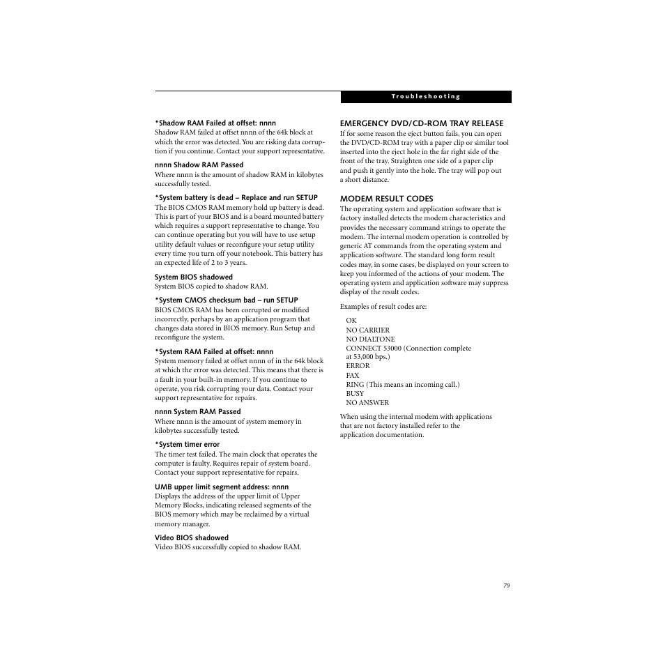 Emergency dvd/cd-rom tray release, Modem result codes | FUJITSU S SERIES User Manual | Page 88 / 116