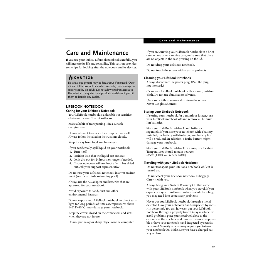 Lifebook notebook, Care and maintenance | FUJITSU S SERIES User Manual | Page 94 / 116