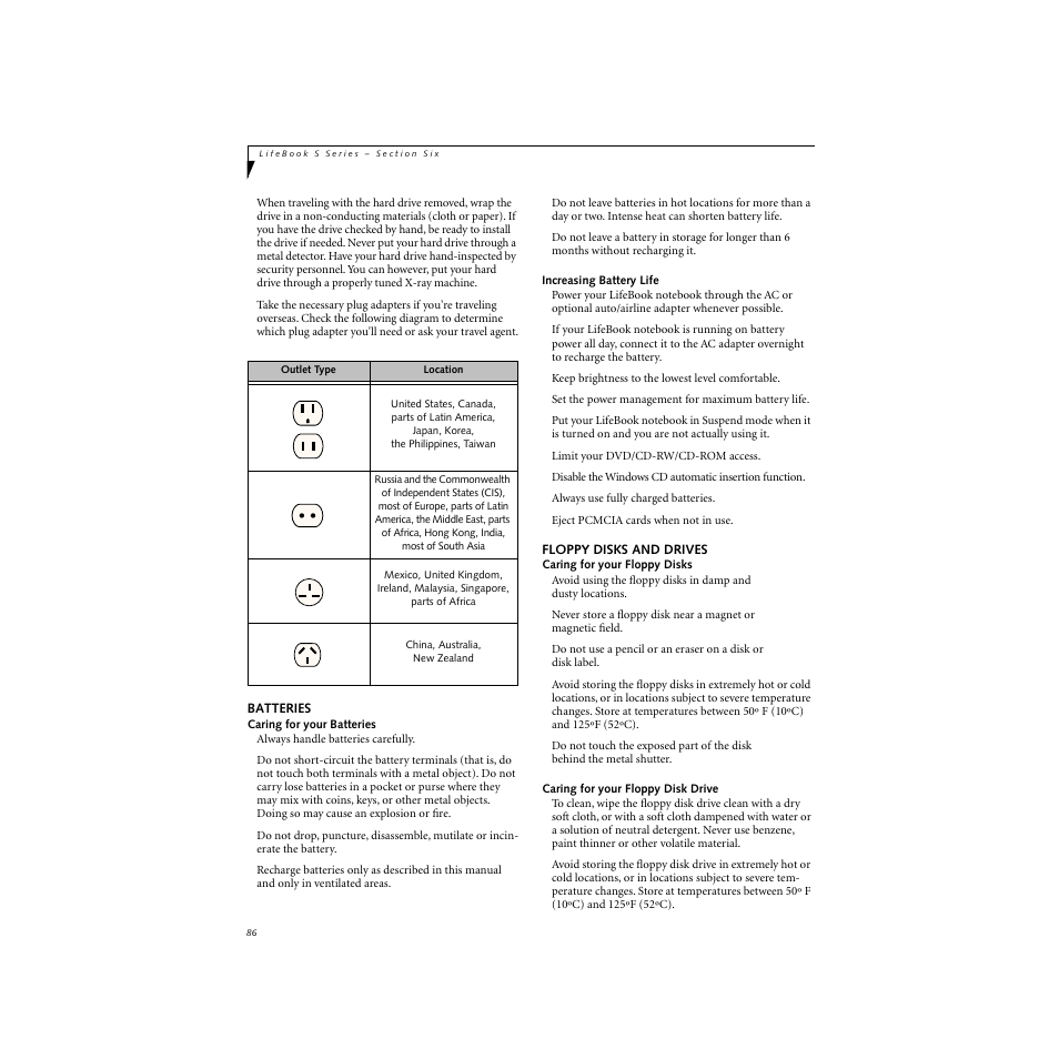 Batteries floppy disks and drives, Batteries, Floppy disks and drives | FUJITSU S SERIES User Manual | Page 95 / 116