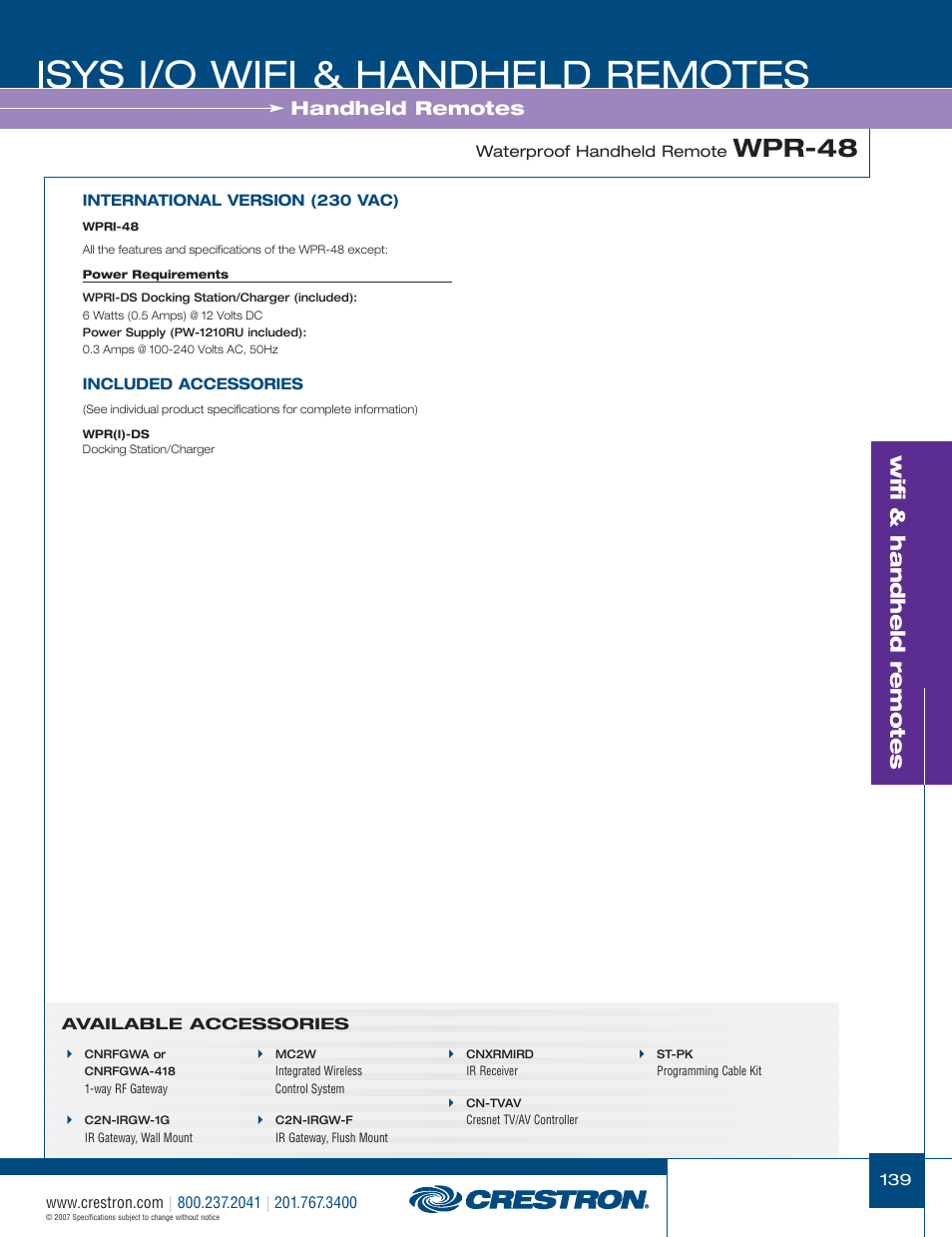48399_139.pdf, Isys i/o wifi & handheld remotes, Wpr-48 | Wifi & handheld remotes, Handheld remotes | Crestron electronic CNRFGWA-418 User Manual | Page 13 / 26