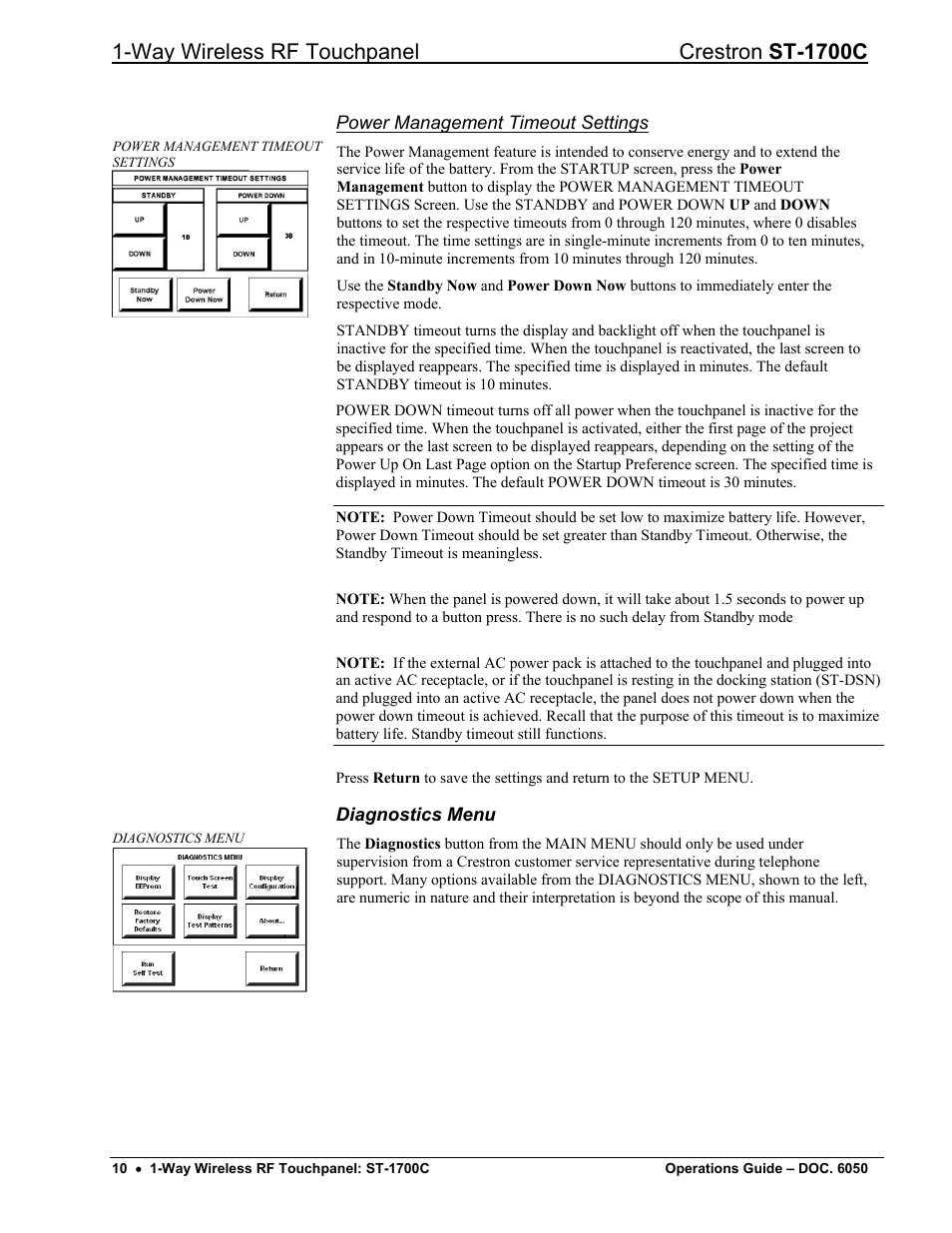 Diagnostics menu, Way wireless rf touchpanel crestron st-1700c | Crestron electronic ST-1700C User Manual | Page 14 / 40