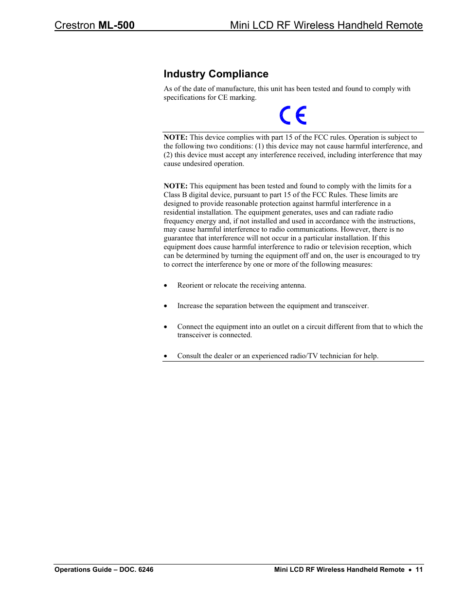 Industry compliance | Crestron electronic ML-500 User Manual | Page 15 / 16