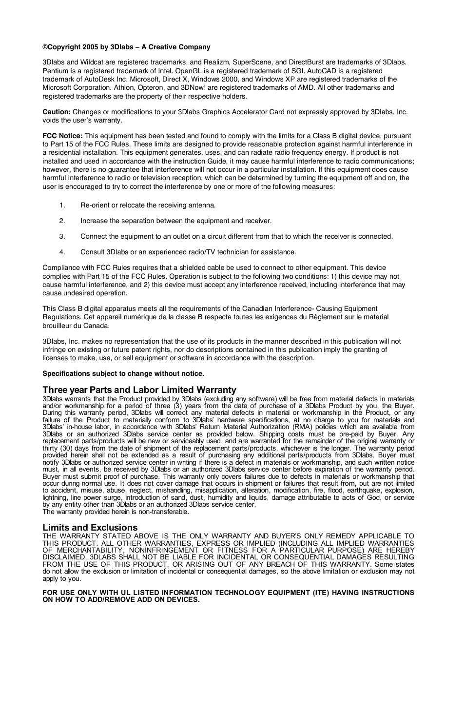 Three year parts and labor limited warranty, Limits and exclusions | 3DLABS WILDCAT REALIZM 100 User Manual | Page 2 / 5