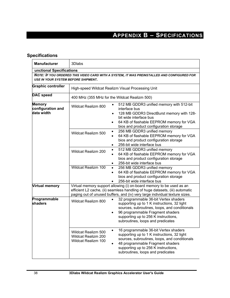B – s, Ppendix, Pecifications | 3DLABS WILDCAT REALIZM 100 User Manual | Page 38 / 51
