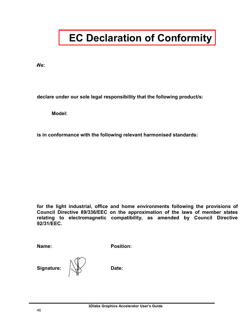 Ec declaration of conformity | 3DLABS WILDCAT REALIZM 100 User Manual | Page 46 / 51